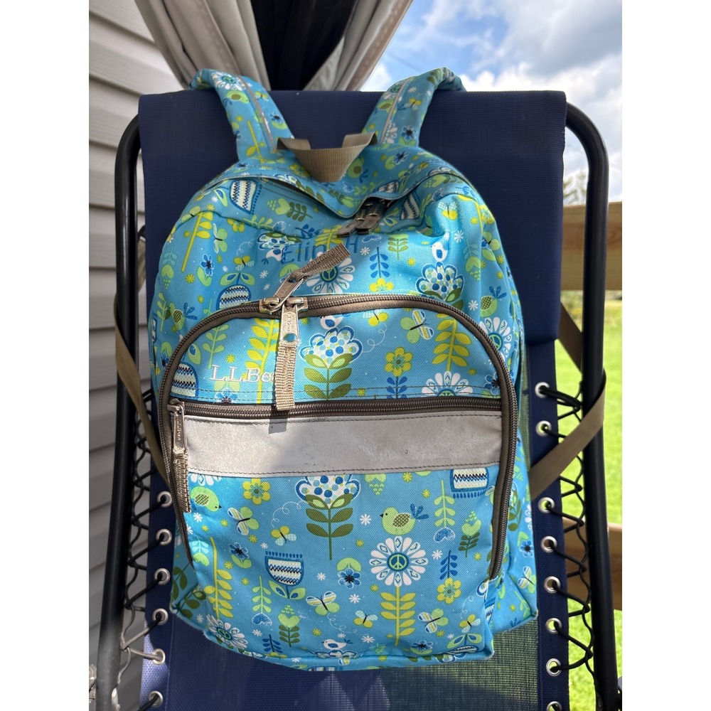 LL Bean Junior Original Book Pack Backpack Blue Floral Peace Bird Print Kids
